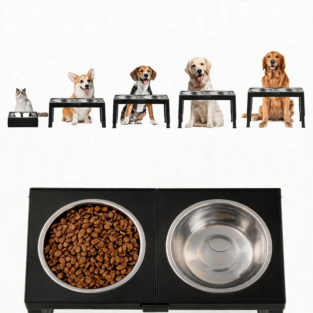 Elevated Dog Bowl Stand - 2 Stainless Steel Bowls - 4 Heights
