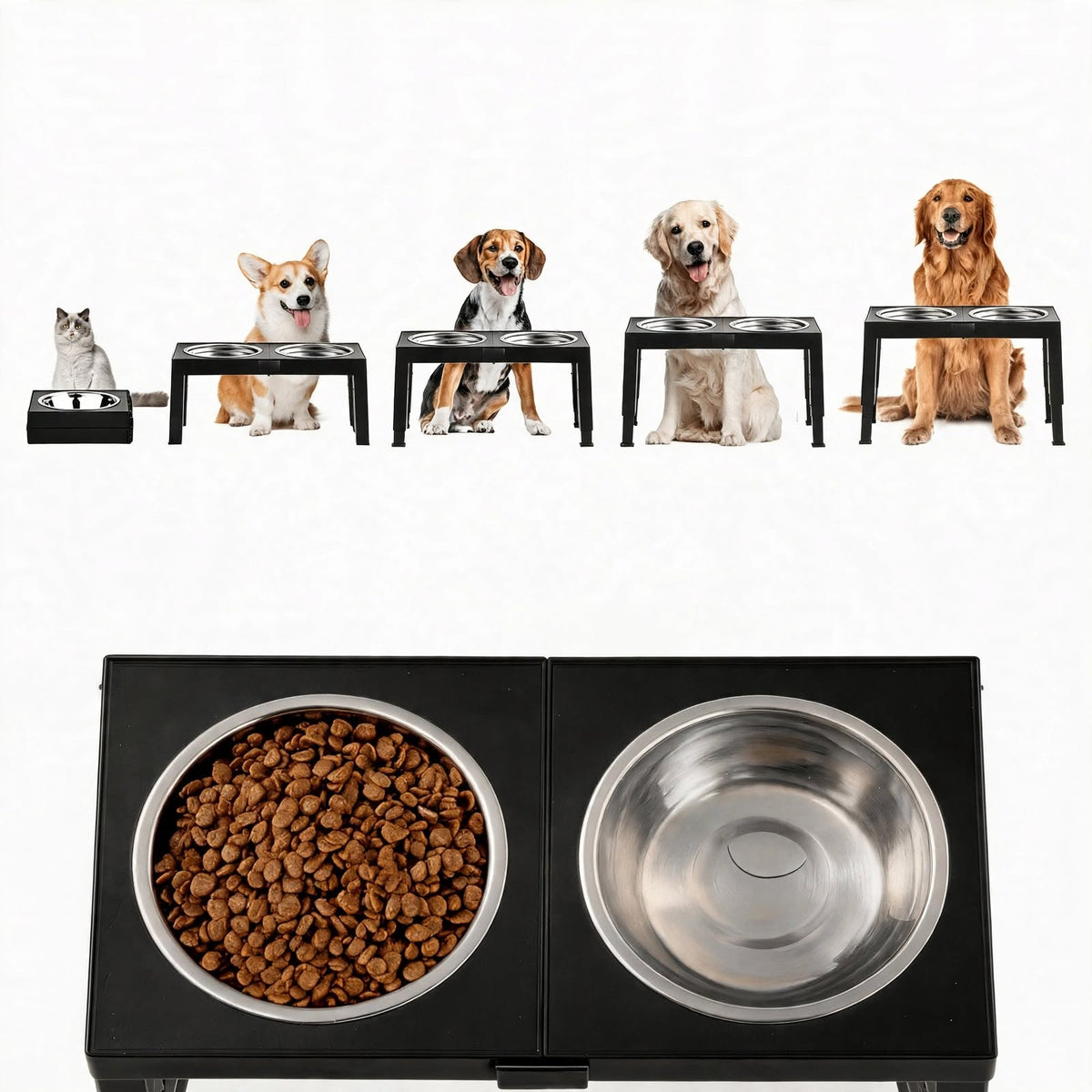 Elevated Dog Bowl Stand - 2 Stainless Steel Bowls - 4 Heights