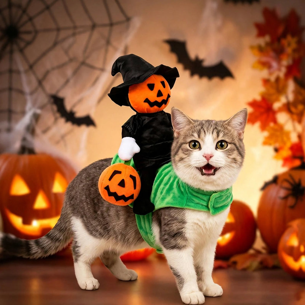 Funny Dog and cat Pumpkin Riding Costume - Pet Wizard Outfit - Halloween