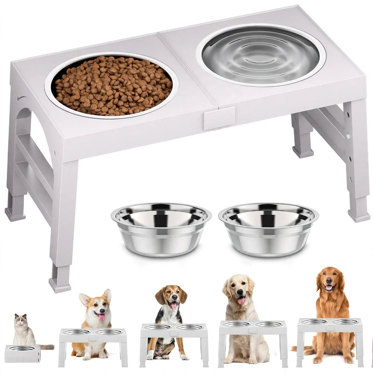 Elevated Dog Bowl Stand - 2 Stainless Steel Bowls - 4 Heights