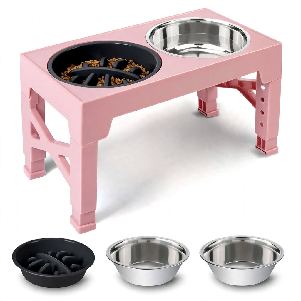 Adjustable Elevated Dog Bowls Stand - 5 Heights - Slow Feeder + Steel