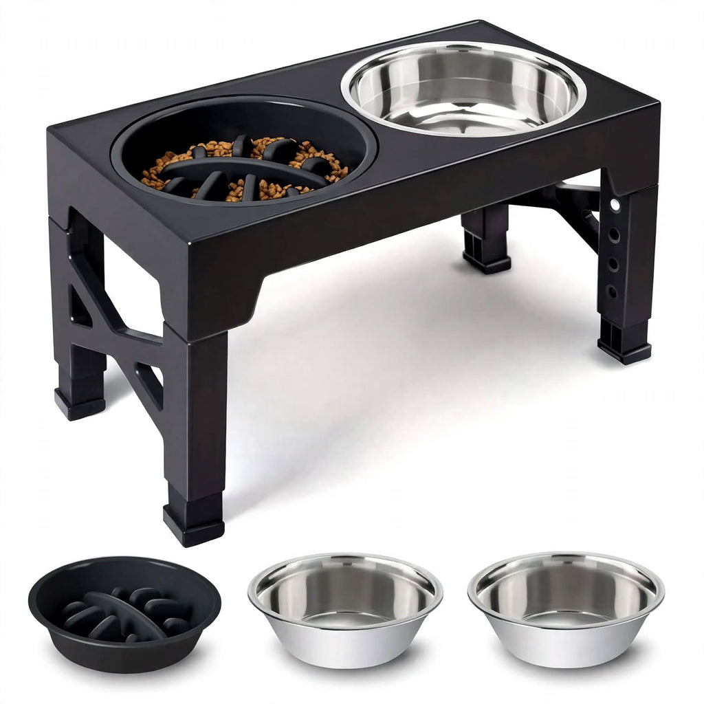 Adjustable Elevated Dog Bowls Stand - 5 Heights - Slow Feeder + Steel