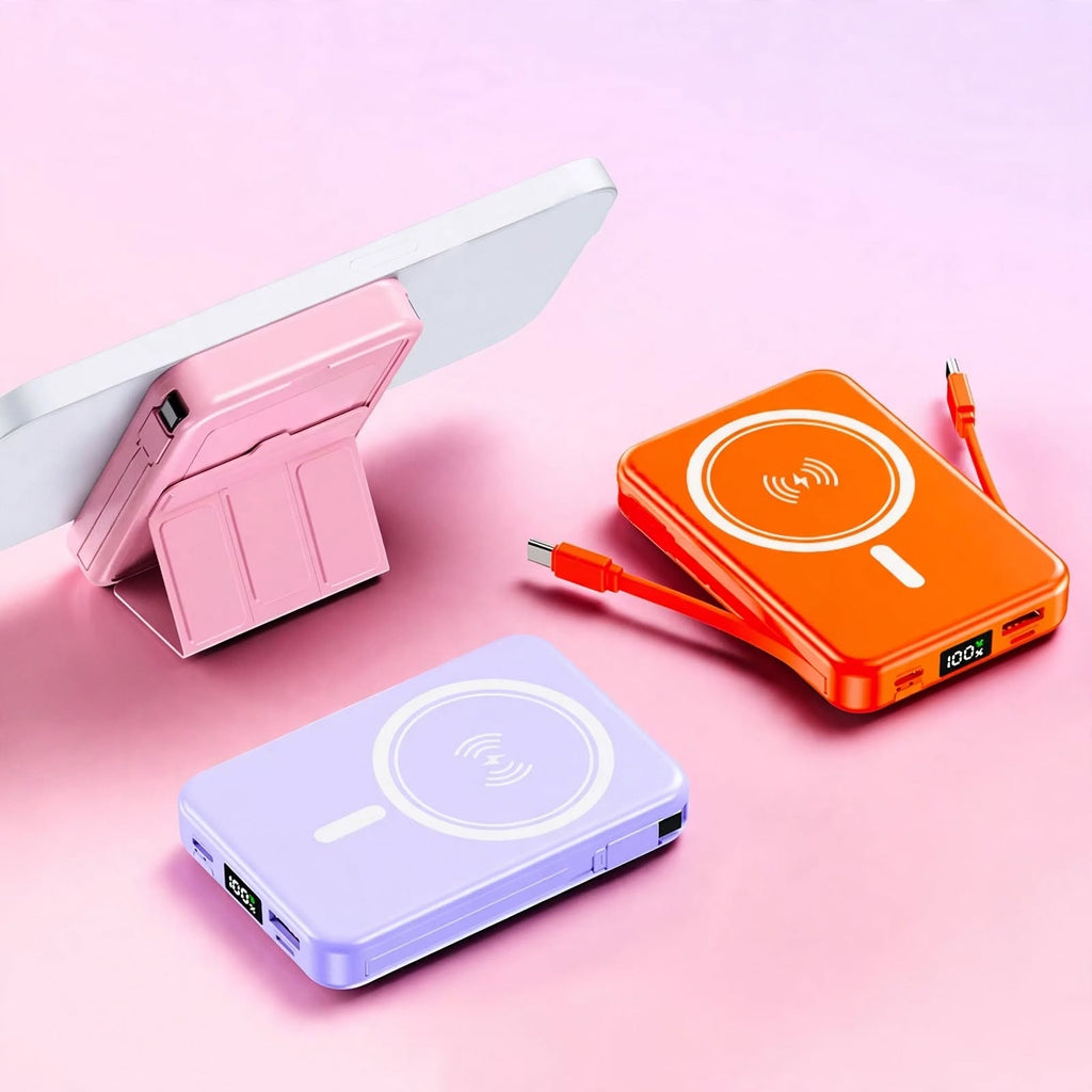 10000mAh Magnetic Power Bank - 22.5W PD Super Fast Charging - 15W Wireless - Built-in 2 Cables - Stand - Digital Display - Travel