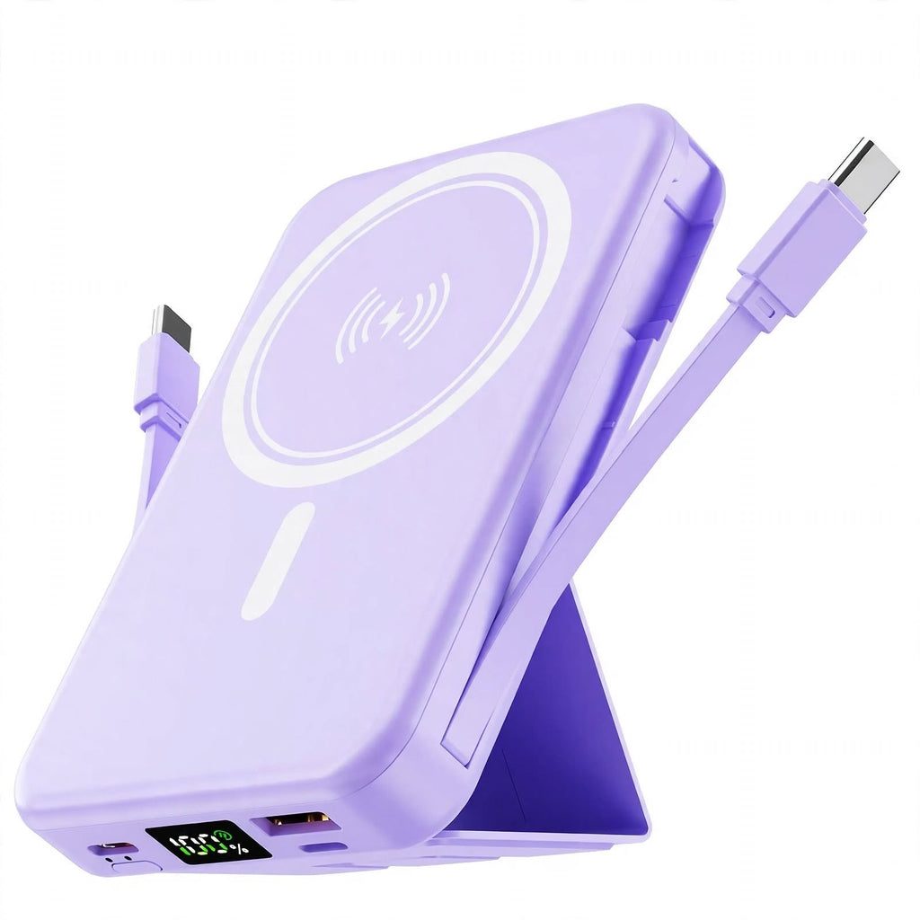 10000mAh Magnetic Power Bank - 22.5W PD Super Fast Charging - 15W Wireless - Built-in 2 Cables - Stand - Digital Display - Travel